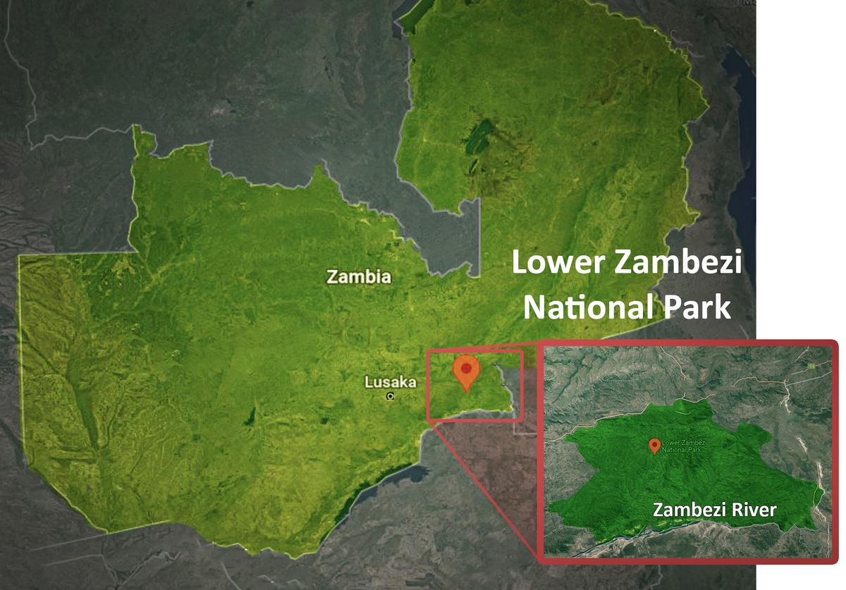 A map shows Lower Zambezi National Park, Zambia. (Screenshot/Copyright TerraMetrics, LLC; Google Maps)