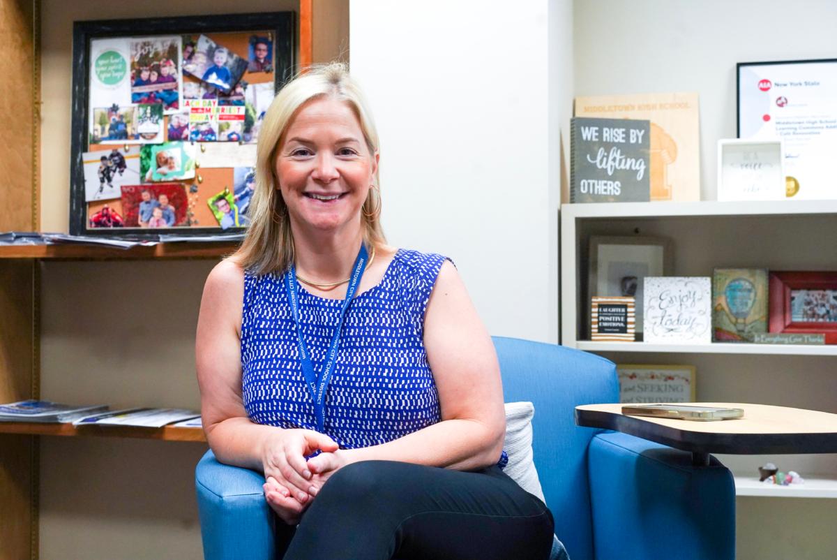 Middletown School District Superintendent Amy Creeden in her office in Middletown, N.Y., on Sept. 8, 2023. (Cara Ding/The Epoch Times)