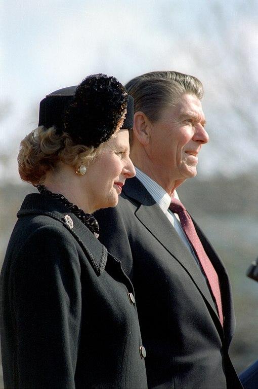 President Reagan and Prime Minister Margaret Thatcher on the South Lawn during her arrival ceremony in February 1981. National Archives and Records Administration. (Public Domain)