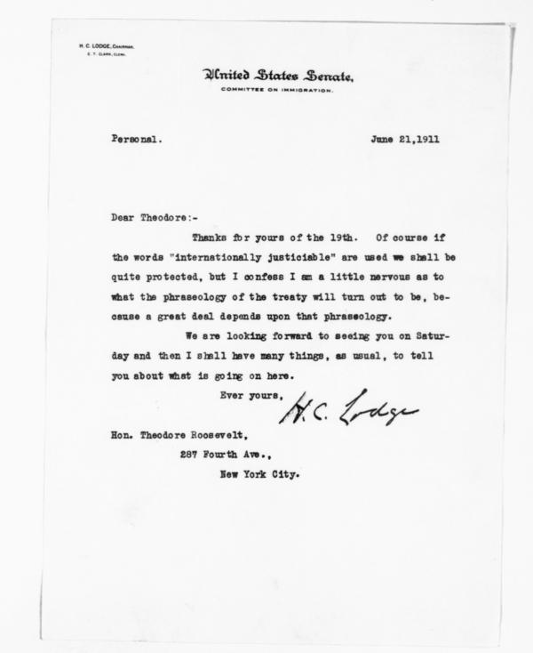 Correspondence from Henry Cabot Lodge to Theodore Roosevelt. (Massachusetts Historical Society)