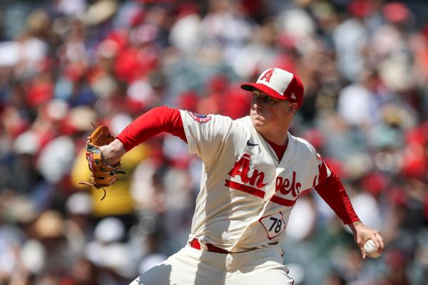 Kenny Rosenberg (78) of the Los Angeles Angels pitches in the first inning against the Cleveland Guardians at Angel Stadium of Anaheim in Anaheim, Calif., on September 10, 2023 (Meg Oliphant/Getty Images)