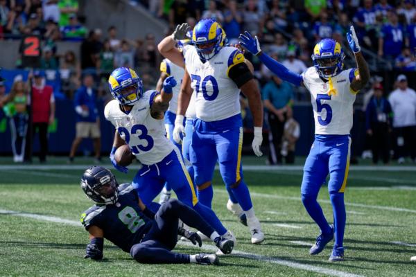 Los Angeles Rams running back Kyren Williams celebrates after scoring against the Seattle Seahawks during the second half of an NFL football game in Seattle on Sept. 10, 2023. (Stephen Brashear/AP Photo)