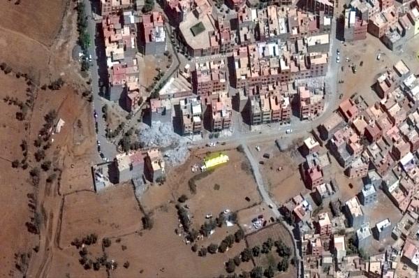 A satellite image shows collapsed buildings, following a powerful Sept. 8 earthquake, in Amizmiz, Morocco, on Sept. 10, 2023. (Maxar Technologies/Handout via Reuters)