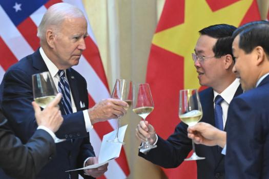 President Joe Biden makes a toast with Vietnam's President Vo Van Thuong (2R) during a State luncheon at the Presidential Palace in Hanoi on Sept. 11, 2023. (Saul Loeb/AFP via Getty Images)