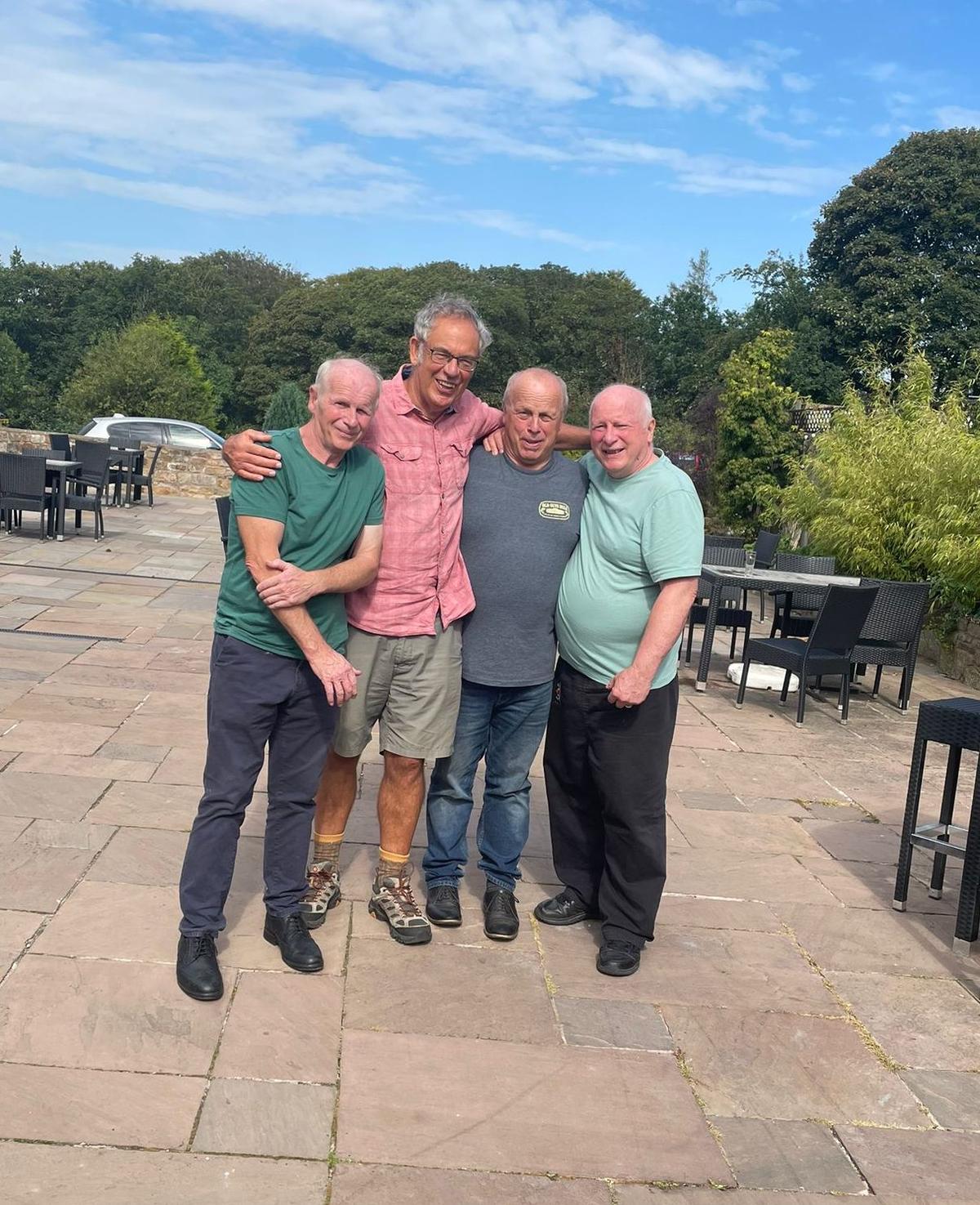 (Left to right) The four survivors: Neil Robertson (64), Robin Williams (72), Sandy (64), Douglas Robertson (69) in Staffordshire, England, on Sept. 10, 2023. (Courtesy of The Robertson Family Archive)