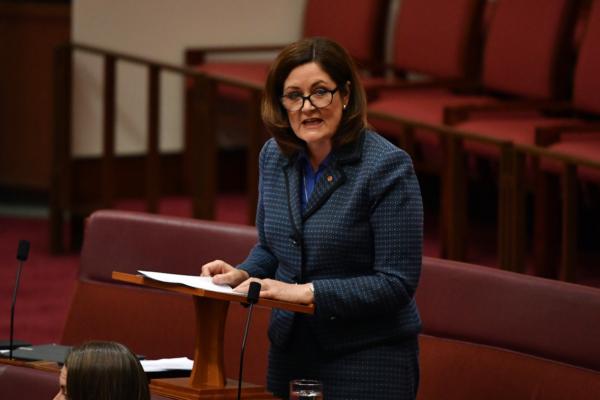 Liberal Senator Sarah Henderson makes her first speech in the Senate chamber at Parliament House in Canberra, Australia, on Oct. 16, 2019. (AAP Image/Mick Tsikas)