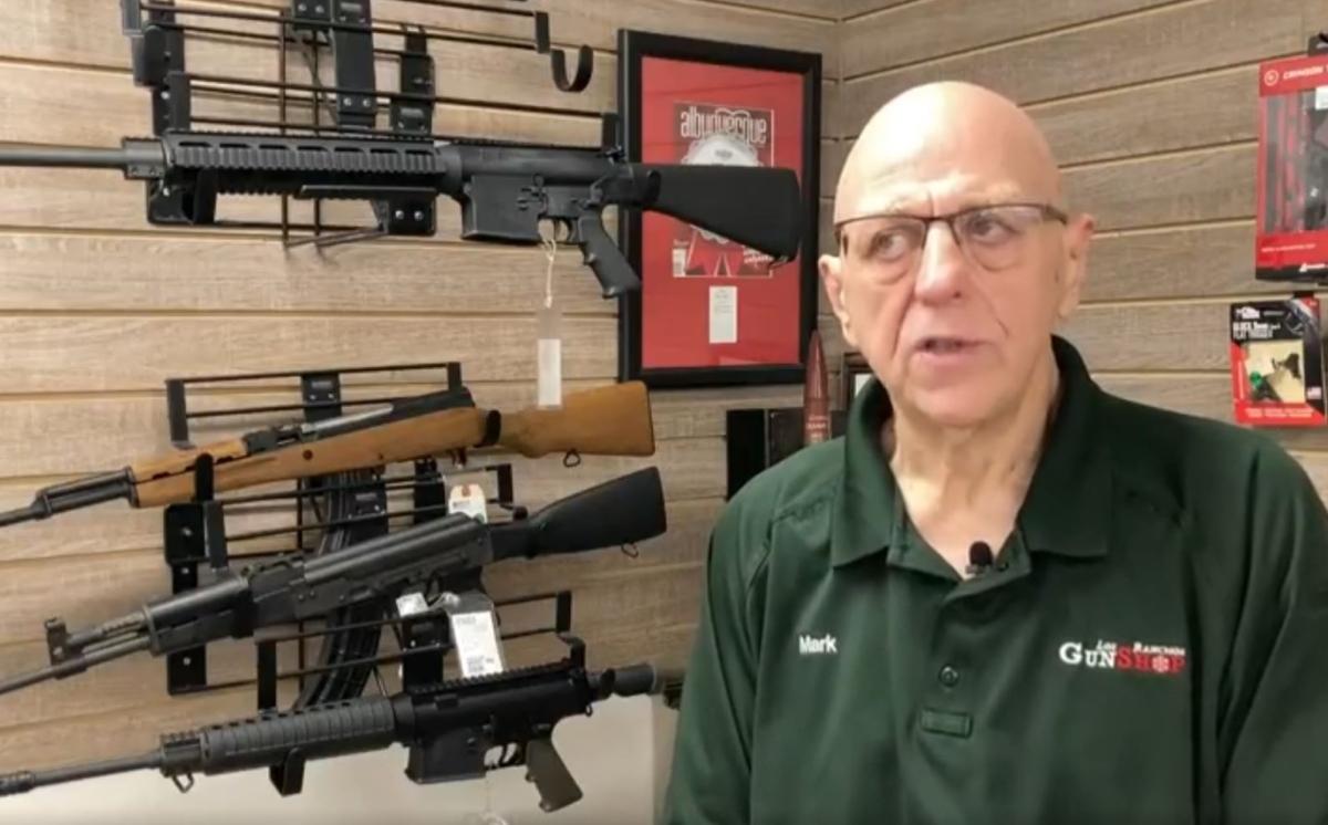 Mark Abrams, owner of the Los Ranchos Gun Shop, reacts to New Mexico Gov. Michelle Lujan Grisham's decreed restrictions on citizens’ ability to carry guns in some areas of the state, in Albuquerque, N.M., on Sept. 11, 2023. (AP/Screenshot via NTD)