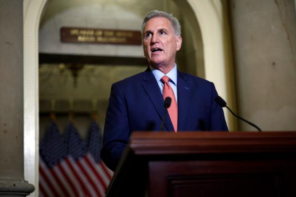  House Speaker Kevin McCarthy (R-Calif.) announces an impeachment inquiry against President Joe Biden to members of the news media outside his office at the U.S. Capitol in Washington on Sept. 12, 2023. (Chip Somodevilla/Getty Images)