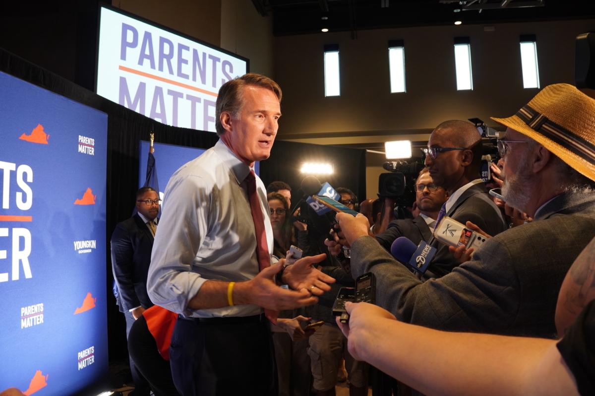 Virginia Gov. Glenn Youngkin speaks to media after a "Parents Matter" townhall in Leesburg, Va., on Sept. 12, 2023. (Terri Wu/The Epoch Times)