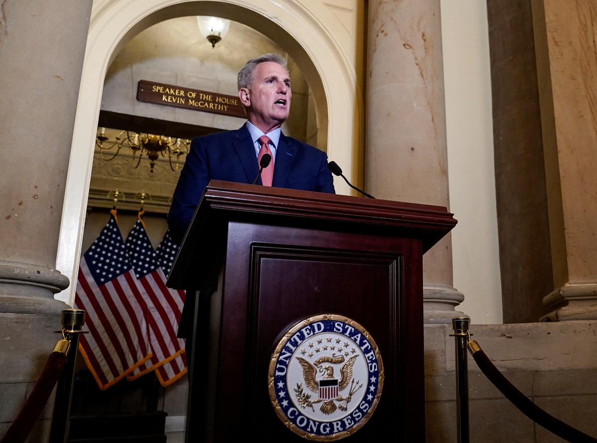  House Speaker Kevin McCarthy (R-Calif.) calls for an impeachment inquiry into President Joe Biden while delivering a statement on allegations surrounding the president and his son, Hunter Biden, on Capitol Hill in Washington, on Sept. 12, 2023. (Elizabeth Frantz/Reuters)