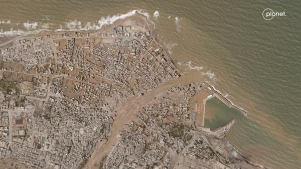 Flooding in Derna, Libya, on Sept. 12, 2023. (Planet Labs PBC via AP)