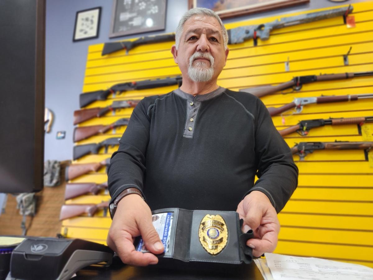 Arnold Gallegos, the owner of ABQ Guns in Albuquerque, N.M., and an officer with the Jemez Springs Police Department considers a public health order banning firearms in public an "illegal" act by New Mexico's governor. Photo taken on Sept. 12, 2023. (Allan Stein/The Epoch Times)