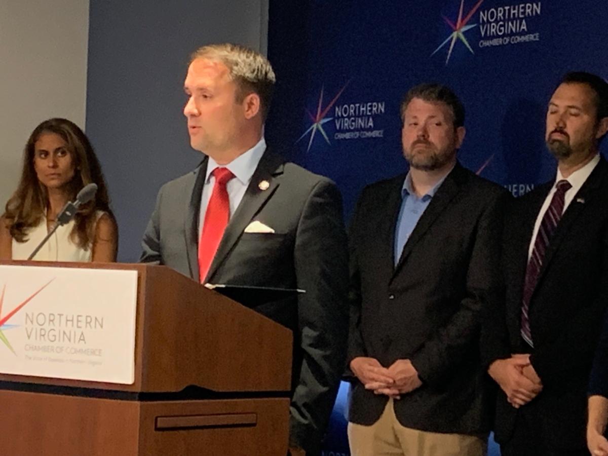  Virginia Attorney General Jason Miyares holds a press conference about his new anti-human trafficking initiative at the Northern Virginia Chamber of Commerce in Vienna, Va., on Sept. 12, 2023. (Masooma Haq/The Epoch Times)