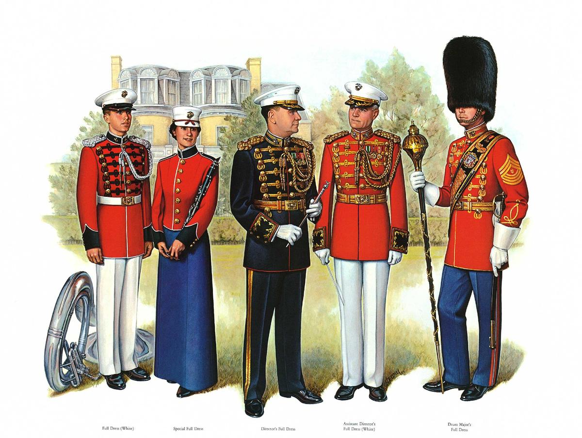 Uniforms for the President's Own U.S. Marine Band from "U.S. Marine Corps Uniforms 1983," by Donna J. Neary. (Public Domain)