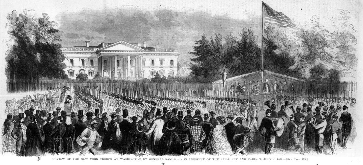 President Lincoln was especially fond of the Marine Band performances in the White House and weekly concerts on the grounds. An illustrated plate of the U.S. Marine Band playing on July 4 in the 1861 Harpers Weekly. Internet Archive. (Public Domain)