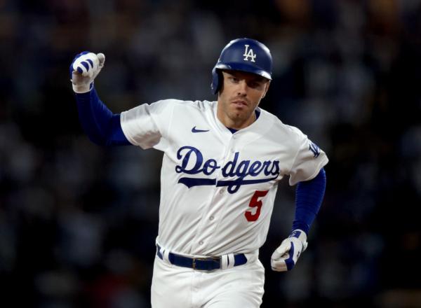 Freddie Freeman (5) of the Los Angeles Dodgers reacts to his two run home run against the San Diego Padres, during the third inning at Dodger Stadium in Los Angeles on Sept. 12, 2023. (Harry How/Getty Images)
