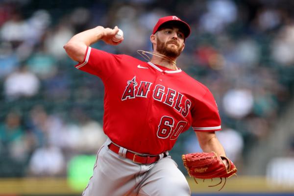 Andrew Wantz (60) of the Los Angeles Angels pitches during the first inning against the Seattle Mariners at T-Mobile Park in Seattle on Sept. 13, 2023. (Steph Chambers/Getty Images)
