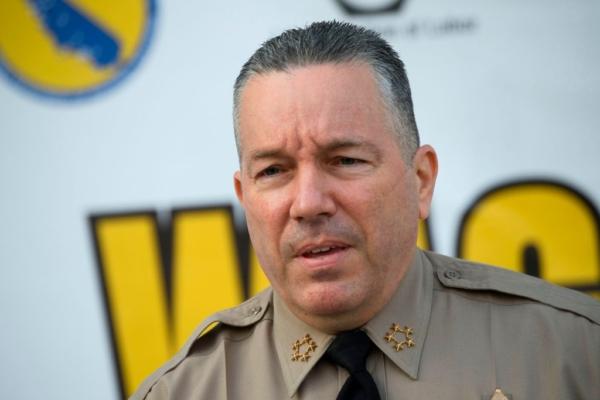 Sheriff Alex Villanueva of the Los Angeles Sheriff's Department speaks about a task force targeting wage theft outside of the Hall of Justice in Los Angeles on Feb. 9, 2021. (Patrick T. Fallon/AFP via Getty Images)