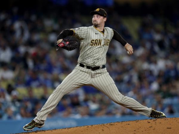 Blake Snell (4) of the San Diego Padres pitches during he sixth inning against the Los Angeles Dodgers at Dodger Stadium in Los Angeles on Sept. 13, 2023. (Harry How/Getty Images)