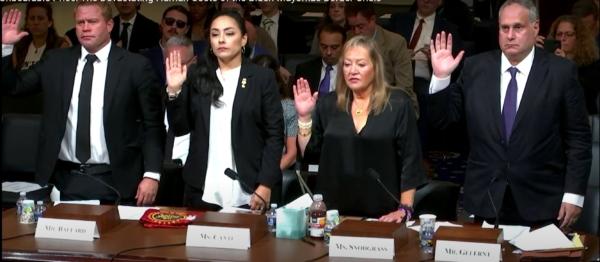  Left-to-Right: Tim Ballard,  Mayra Hinojosa Cantu, Sandy Snodgrass, and Lee Gelernt are sworn in prior to giving testimony before the House Committee on Homeland Security on September 13, 2023 (Screenshot/U.S. House Committee on Homeland Security).
