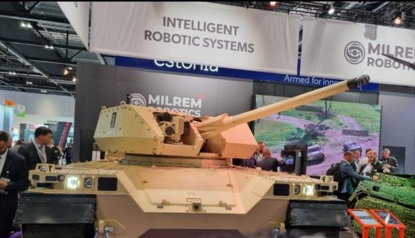 A Type-X robotic tank, designed by Estonian company Milrem Robotics, on show at the DSEI exhibition in London on Sep. 12, 2023. (Chris Summers/The Epoch Times)