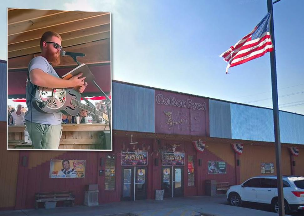 Background: Cotton Eyed Joe country music venue in Knoxville, Tennessee (Screenshot/<a href="https://www.google.com/maps/@35.9050541,-84.1545074,3a,63.7y,180.62h,99.36t/data=!3m6!1e1!3m4!1sCZhzBUxW8wJF1NYGWOdh3w!2e0!7i16384!8i8192?entry=ttu">Google Maps</a>); Inset: Country singer Oliver Anthony (Courtesy of Kory Mitchell).