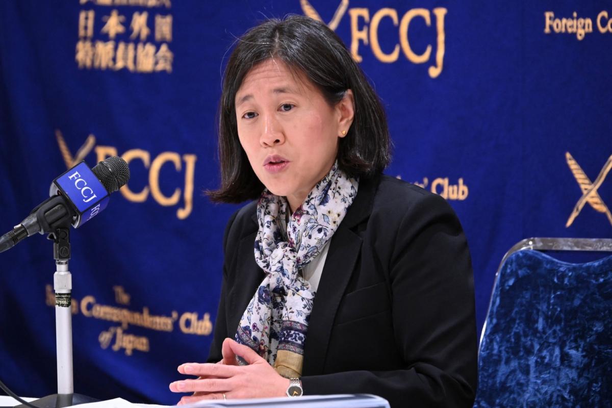 U.S. Trade Representative Katherine Tai speaks during a press conference at the Foreign Correspondents' Club of Japan in Tokyo on April 20, 2023. (Kazuhiro Nogi/AFP via Getty Images)