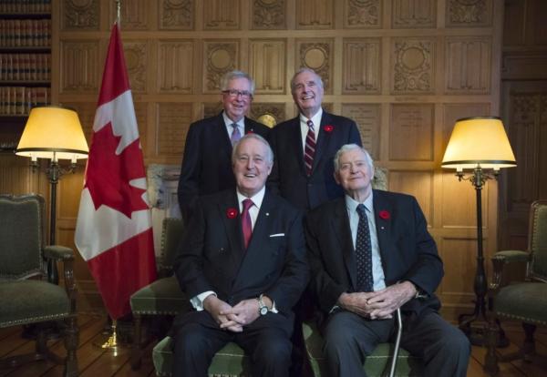 (Clockwise from top) Former prime ministers Joe Clark, Paul Martin, John Turner, and Brian Mulroney as they mark the 150th anniversary of the first meeting of the first Parliament of Canada, in Ottawa on Nov. 6, 2017. (The Canadian Press/Justin Tang)