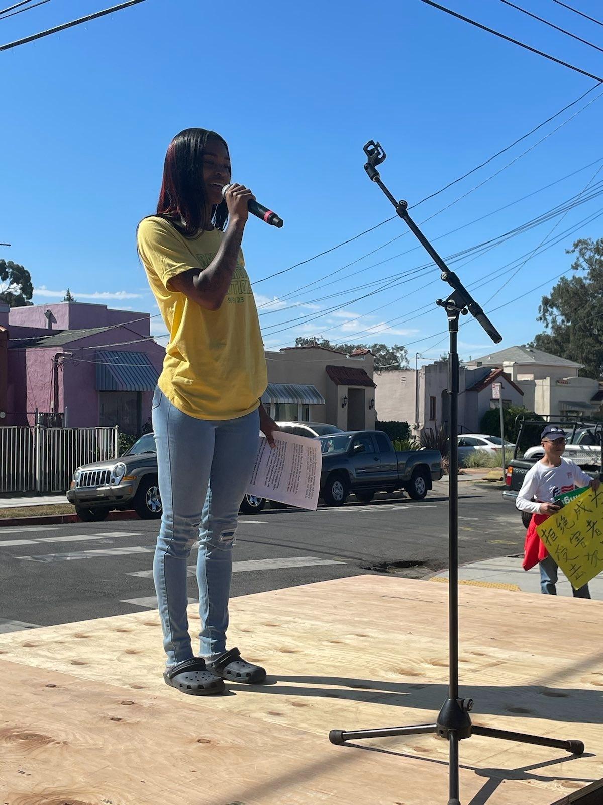 Dashawnna Warrick speaks as locals concerned about public safety issues gather outside of a "Community Safety" meeting attended by local government and law enforcement officials at the Genesis Worship Center in East Oakland, Calif., on Sept. 9, 2023. (Courtesy of Loretta Breuning)