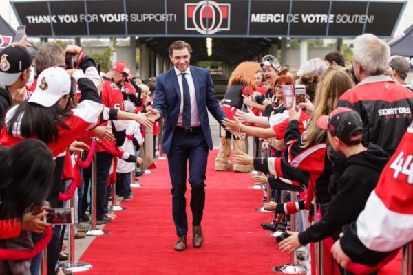 Bobby Ryan (9) of the Ottawa Senators walks the red carpet prior to the start of a game against the Detroit Red Wings at Canadian Tire Centre in Ottawa, Ontario, Canada, on Oct. 7, 2017. (Jana Chytilova/Freestyle Photography/Getty Images)