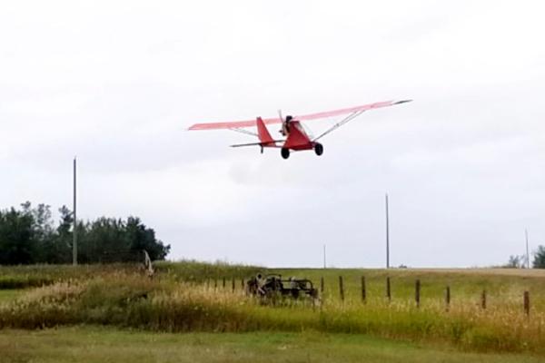 Steve Maier's Chinook WT-11 ultralight plane is seen taking off from his airstrip in Paintearth County, Alberta. (Courtesy of Steve Maier)
