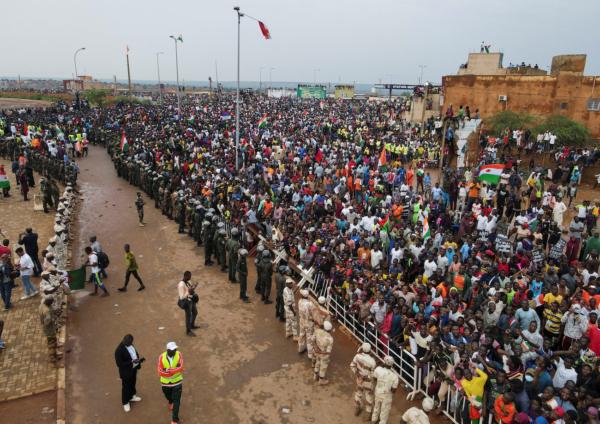  Nigeriens gather in front of the French army headquarters, in support of the putschist soldiers and to demand the French army to leave, in Niamey, Niger, on Sept. 2, 2023. (Mahamadou Hamidou/Reuters)