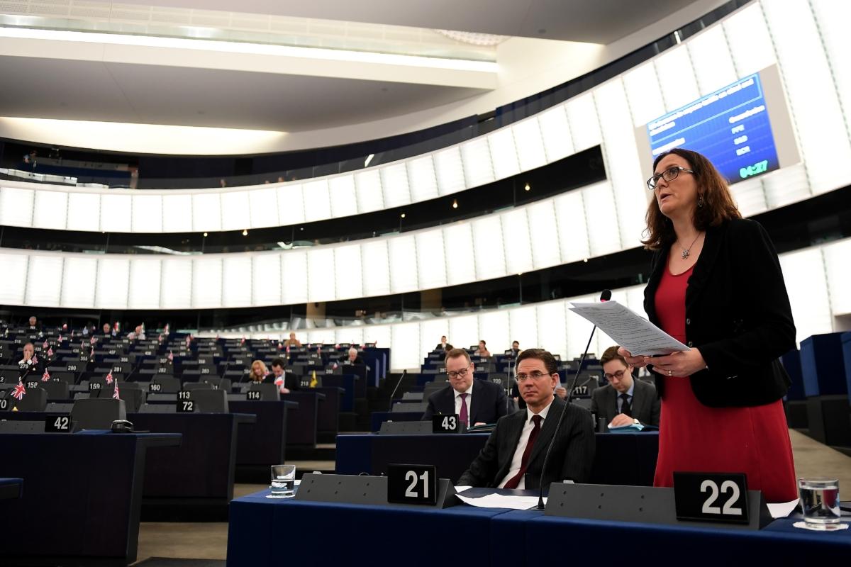 European Commissioner for Trade Cecilia Malmstrom delivers a speech during a debate on U.S. tariffs on steel and aluminum during a plenary session at the European Parliament in Strasbourg, France, on March 14, 2018. (Photo credit should read Frederick Florin/AFP via Getty Images)
