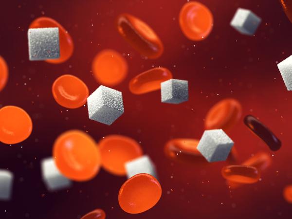Blood cells and sugar cubes 3D illustration concept: Diabetes is a metabolic disorder caused by high levels of blood sugar; chronic diabetes affects how the body turns food into energy
