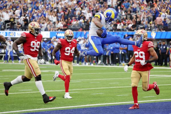 Kyren Williams (23) of the Los Angeles Rams scores a touchdown during the second quarter against the San Francisco 49ers at SoFi Stadium, in Inglewood, Calif. on Sept. 17, 2023. (Harry How/Getty Images)