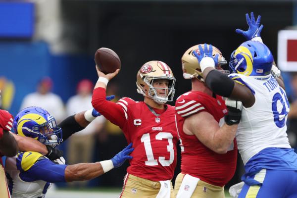 Brock Purdy (13) of the San Francisco 49ers throws a pass during the first quarter against the Los Angeles Rams at SoFi Stadium, in Inglewood, Calif. on Sept. 17, 2023. (Harry How/Getty Images)