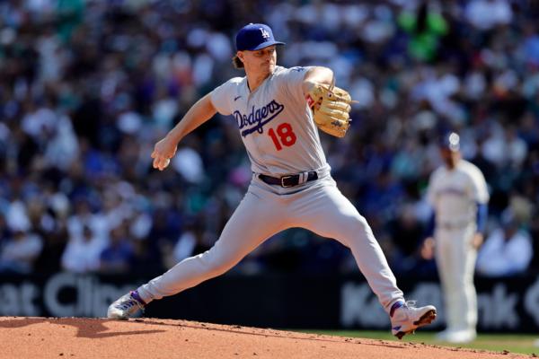 Los Angeles Dodgers starting pitcher Shelby Miller works against the Seattle Mariners during the first inning of a baseball game in Seattle on Sept. 17, 2023. (John Froschauer/AP Photo)