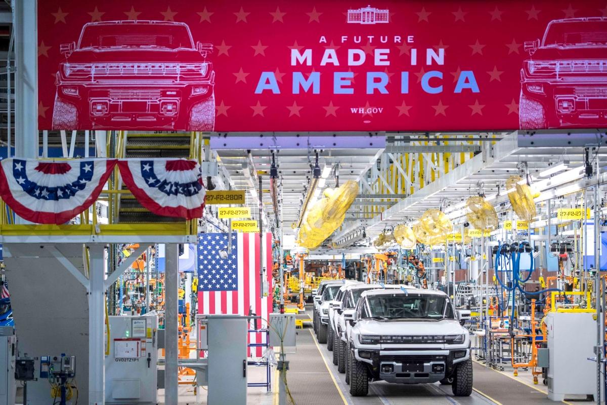 A general view of GMC Hummer EVs is pictured at General Motors' Factory ZERO electric vehicle assembly plant in Detroit, Michigan, on Nov. 17, 2021. (Nic Antaya/Getty Images)