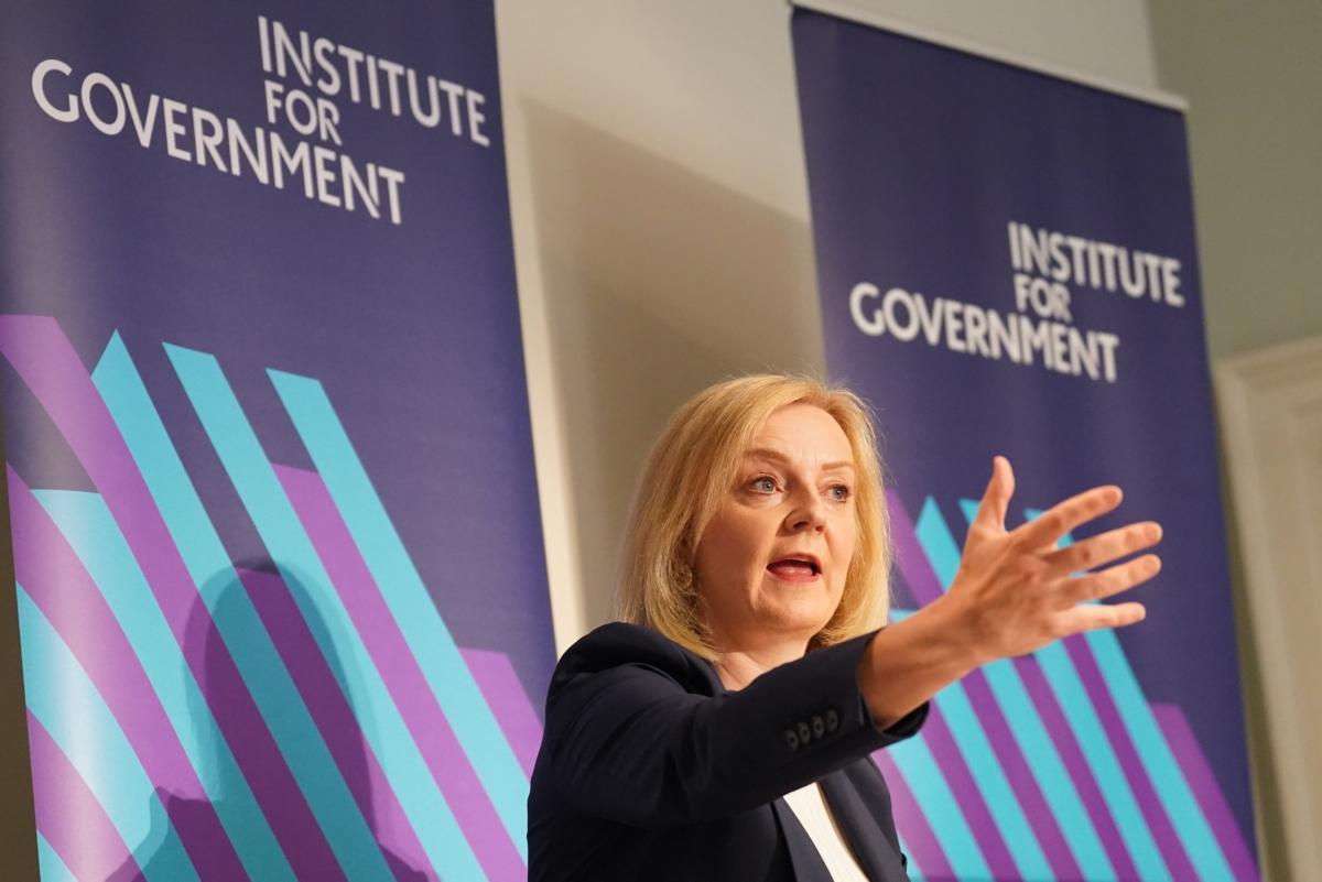 Former Prime Minister Liz Truss gives a speech on the economy at the Institute for Government in London on Sept. 18, 2023. (Stefan Rousseau/PA Wire)