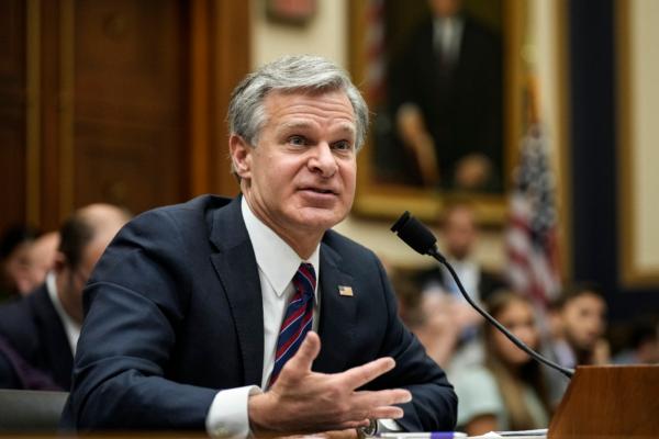FBI Director Christopher Wray testifies during a House Judiciary Committee hearing about oversight of the Federal Bureau of Investigation on Capitol Hill in Washington on July 12, 2023. (Drew Angerer/Getty Images)