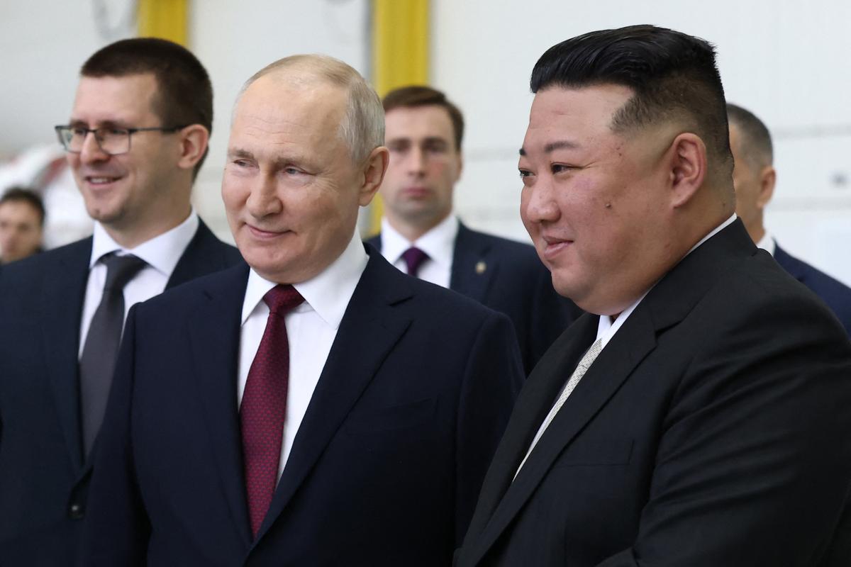 Russia's President Vladimir Putin and North Korea's leader Kim Jong Un visit the Vostochny Cosmodrome in Russia's Amur region on Sept. 13, 2023. (Vladimir Smirnov/POOL/AFP via Getty Images)