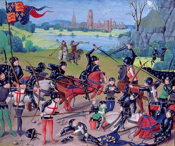 Battle of Agincourt, 1415, English with Flemish illuminations, from the "St. Alban's Chronicle" (vellum) by English School, 15th century. Lambeth Palace Library, London, UK. (Public Domain)