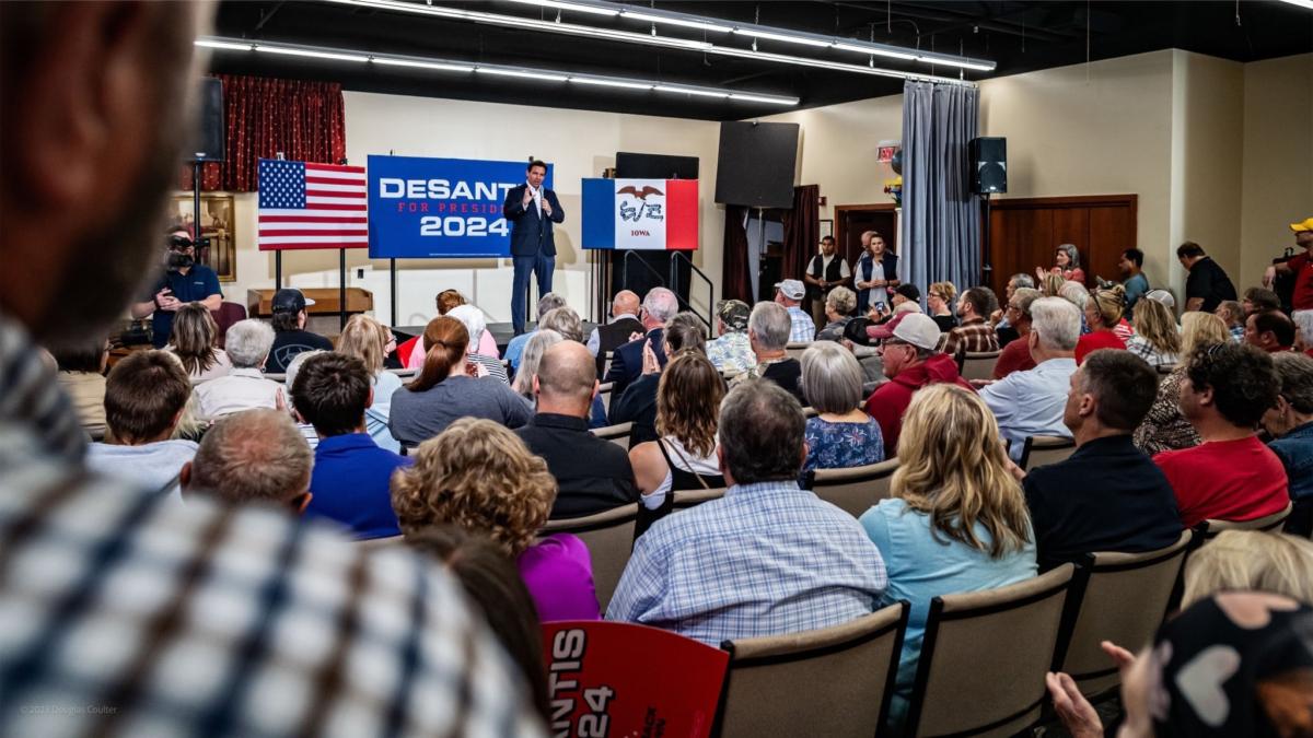 Florida Gov. Ron DeSantis speaks to voters in Red Oak, Iowa, on Sept. 16, 2023. (Courtesy of Never Back Down)