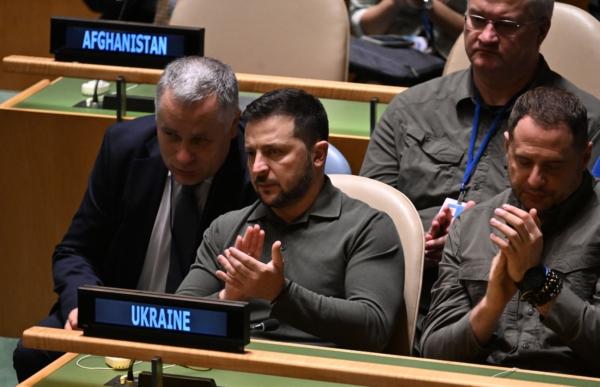  Ukrainian President Volodymyr Zelensky (C) attends the 78th United Nations General Assembly at U.N. headquarters in New York City on Sept. 19, 2023. (Ed Jones/AFP via Getty Images)