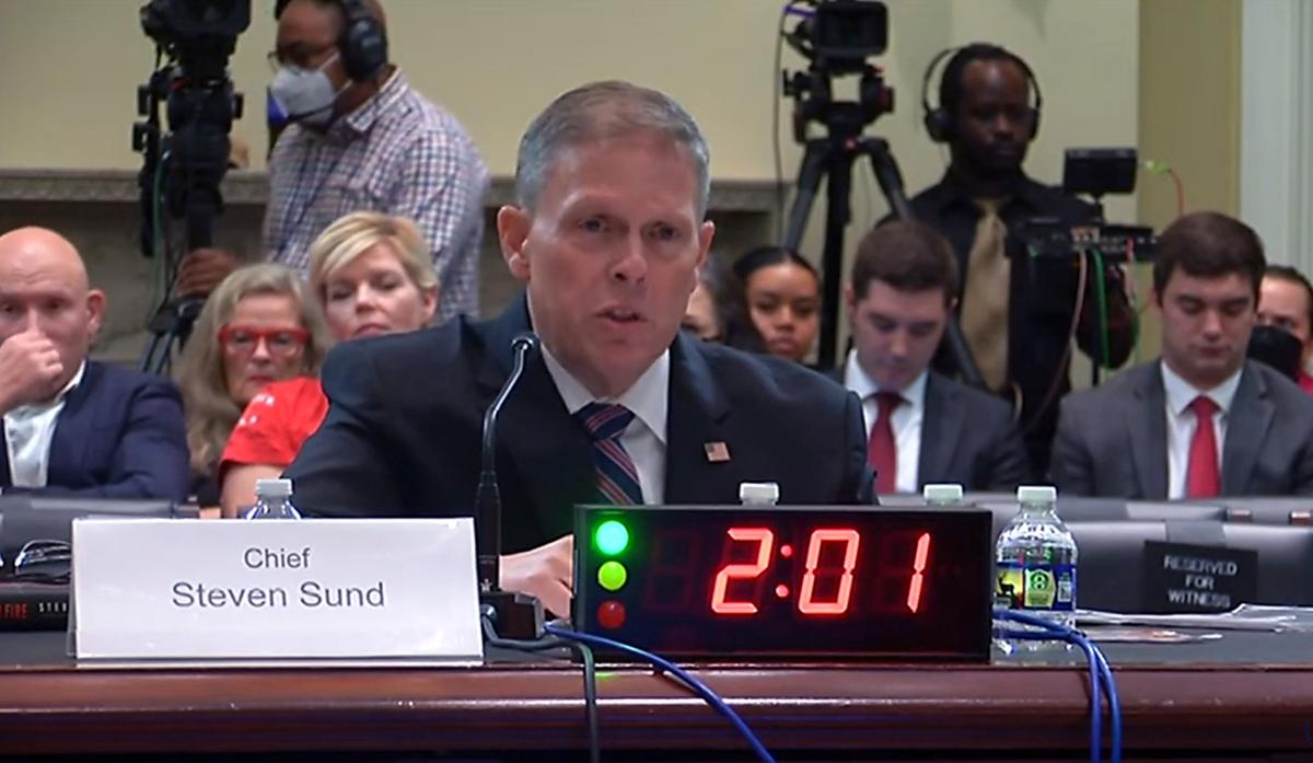 Former U.S. Capitol Police Chief Steven Sund testifies before the Committee on House Administration's Subcommittee on Oversight in Washington, on Sept. 19, 2023. (U.S. House/Screenshot via The Epoch Times)
