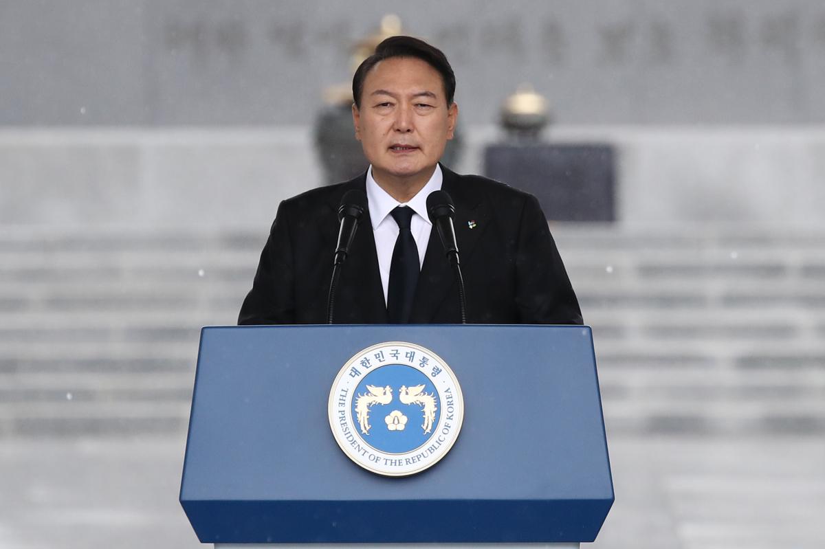 South Korean President Yoon Suk Yeol speaks during a ceremony marking Korean Memorial Day at the Seoul National Cemetery, in Seoul, South Korea, on June 6, 2022. South Korea is marking the 67th anniversary of Memorial Day in tribute to people who died during military service in the 1950–53 Korean War. (Chung Sung-Jun/Getty Images)