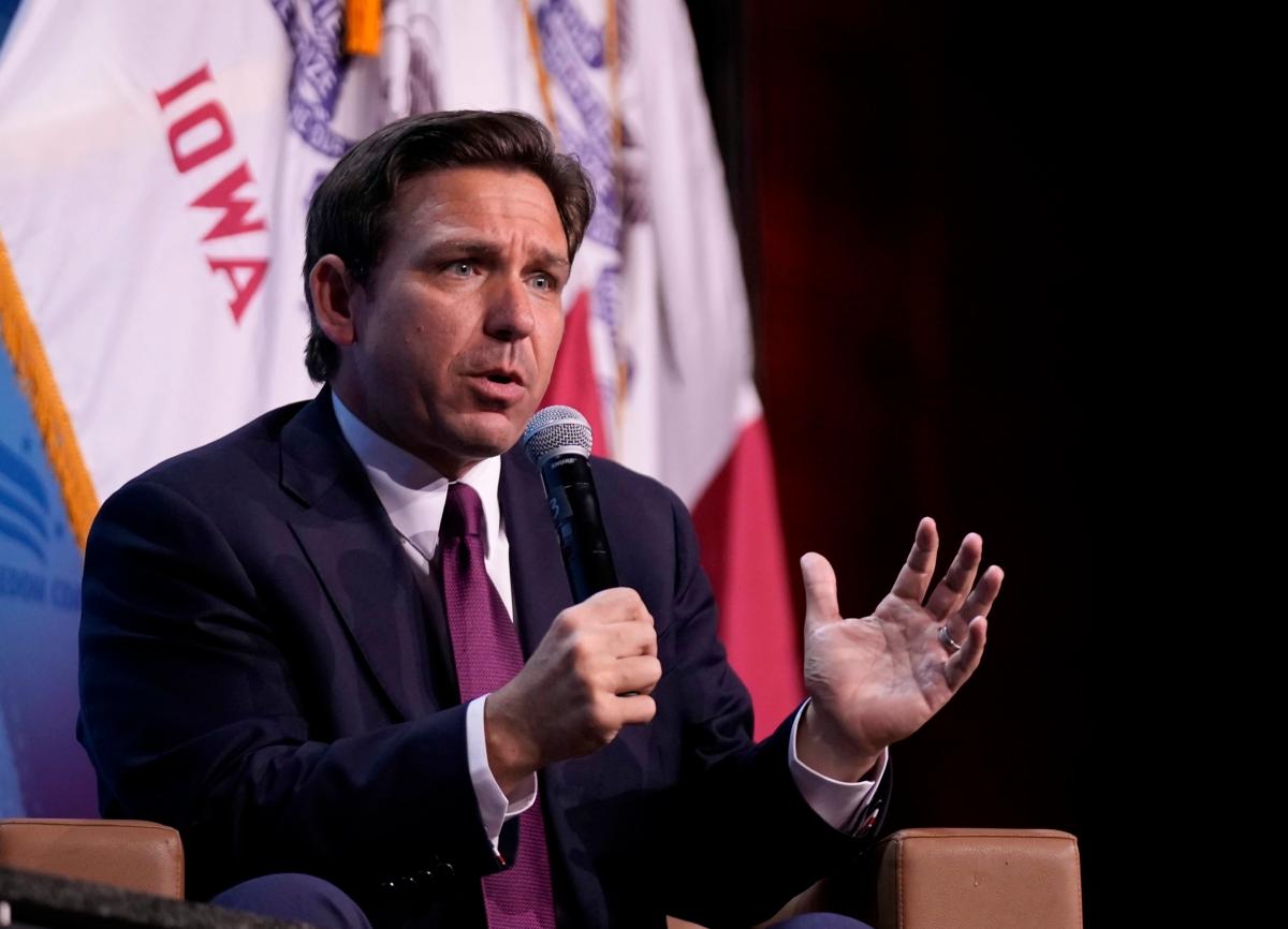 Republican presidential candidate Florida Gov. Ron DeSantis speaks at the Iowa Faith & Freedom Coalition's fall banquet in Des Moines, Iowa, on Sept. 16, 2023. (Bryon Houlgrave/AP Photo)