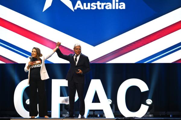 Senator Jacinta Price, Shadow Minister for Indigenous Affairs introduces CPAC Chairman Warren Mundine makes the official welcome during the 2023 Conservative Political Action Network Conference (CPAC) in Sydney, Australia, on Aug. 19, 2023. (AAP Image/Dean Lewins)