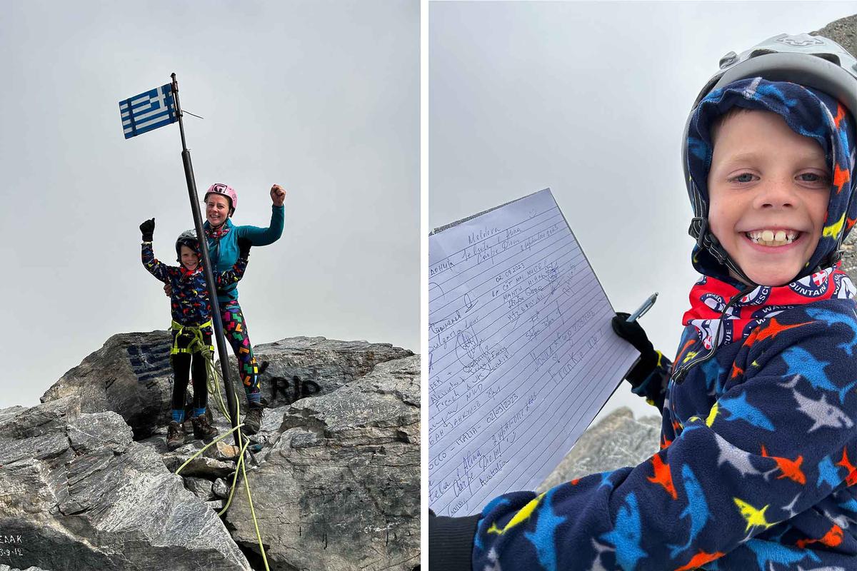 Frankie McMillan, 7, and his mother, Basia, 39, at the summit of Mount Olympus in early September 2023. (SWNS)