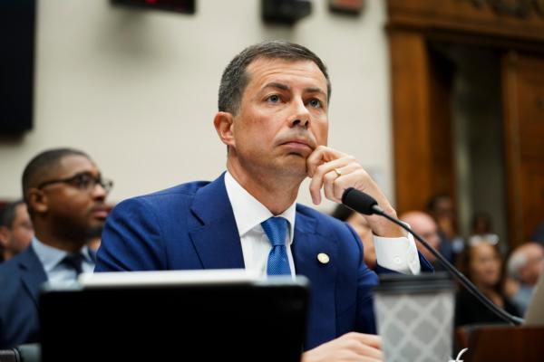 Secretary of Transportation Pete Buttigieg testifies before the House Transportation and Infrastructure Committee in Washington on Sept. 20, 2023. (Madalina Vasiliu/The Epoch Times)